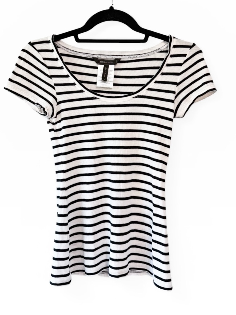BCBG Max Azria Ribbed Striped Scoop Neck Short Sleeve Tee Black White Size Small